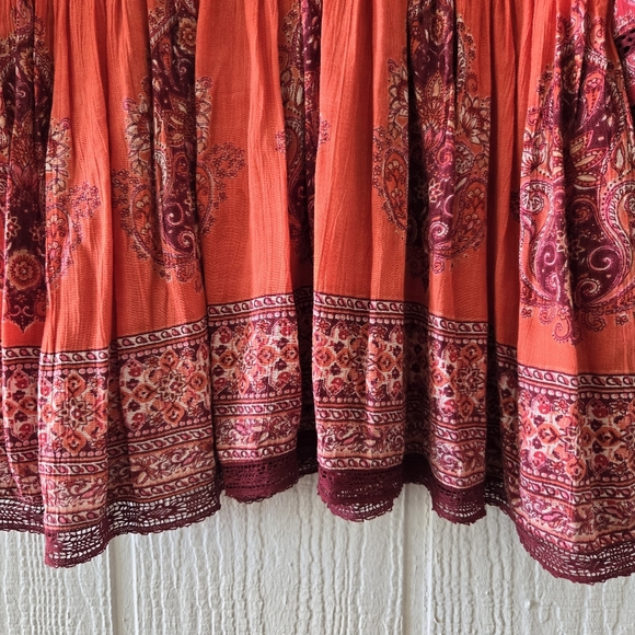 FREE PEOPLE Luna Boho Gypsy India Print V Neck Peasant Dress Orange Red Small - Picture 7 of 13